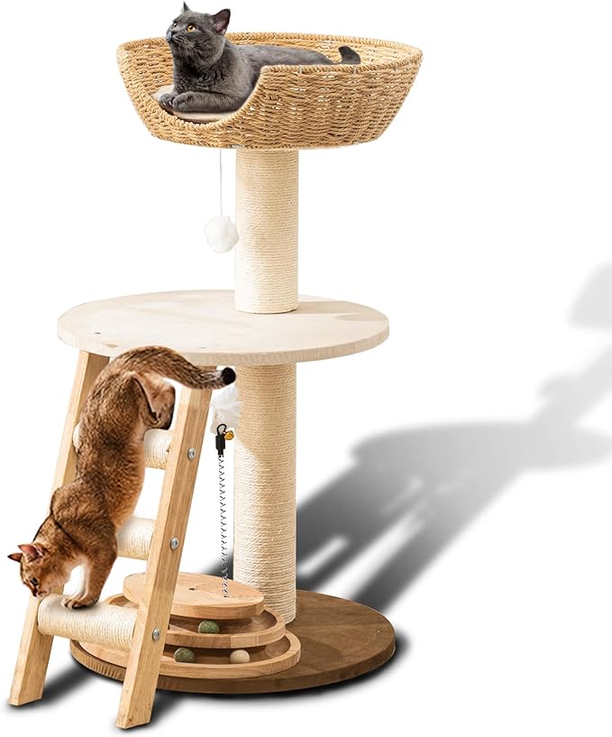 Natural Wood Modern Cat Tree with Top Cats Bed, Unique Cute Cats Furniture Activity Centre with Sisal Rope Scratching Posts, Cats Tower Condo with Interactive Cat Toy Tree