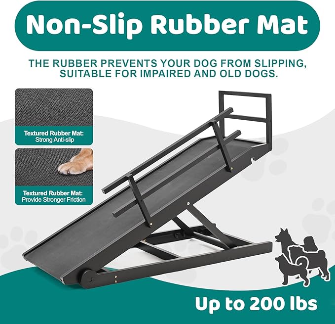 Dog Ramp for Bed, Adjustable Pet Ramps for Dog to Get on Bed, Non-Slip Rubber Surface - Folding Wooden Dog Ramp for Small/Large/Old Dogs, Adjustable up to 23.5 inch High Beds, Safety Railings