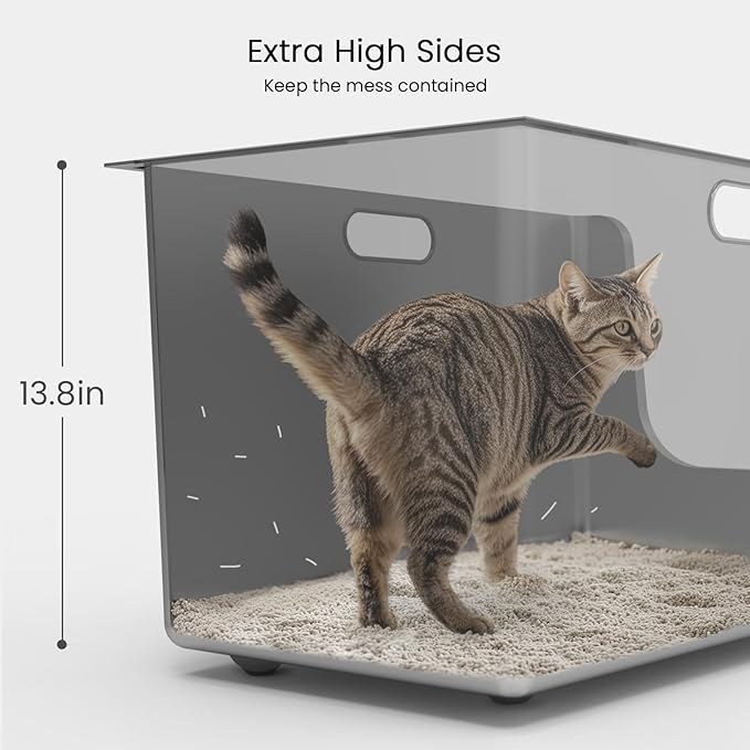 Stainless Steel Litter Box 13.7'' High Sides, XL Metal Cat Litter Box with Curved Low Entry, Cat Litter Pan for Big & Multiple Cats, Pet Toliet with Handy Wheels for Easy Moving