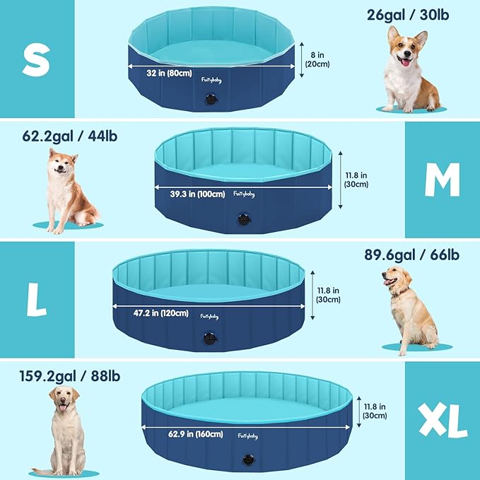 Furrybaby Dog Pool, Kiddie Pool Hard Plastic Foldable Dog Pools for Large Dogs Portable Pet Doggie Wading Swimming (Navy 63'') Indoor and Outdoor