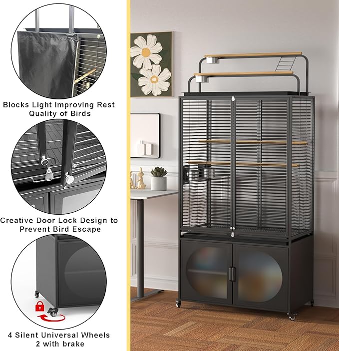 GDLF 72-Inch Bird Cage with Play Top, Parakeet Cage with Rolling Storage Cabinet Extra Large with Cover for Parrot, Cockatiel, Budgie, Parrotlet, Green Cheek Conure