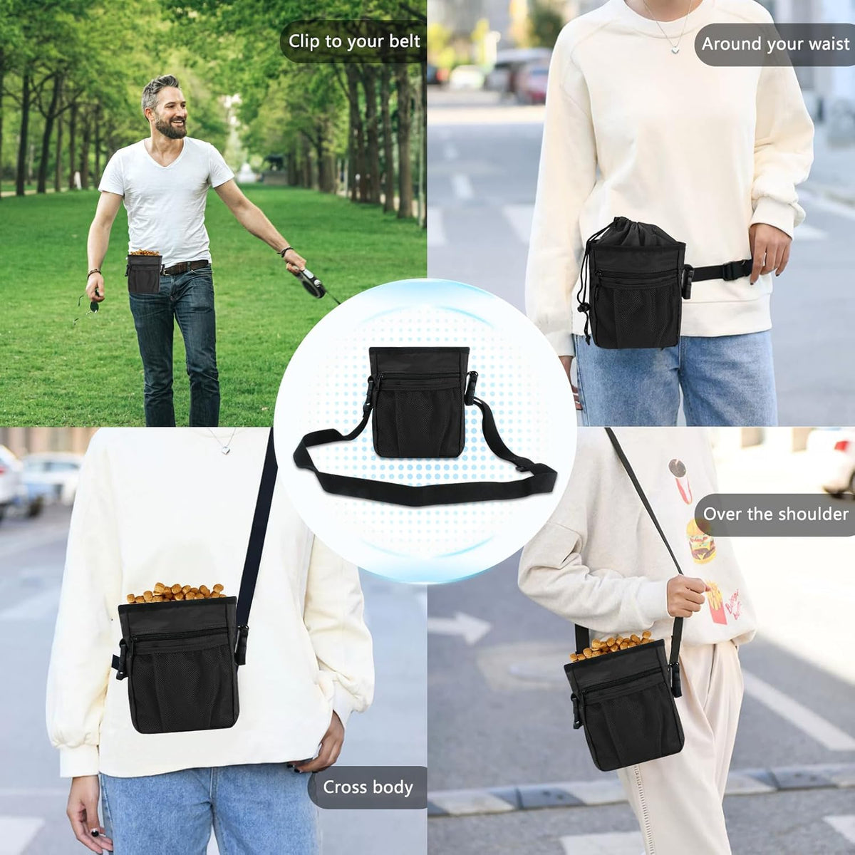 SZO Dog Treat Pouch - 3 Ways to Wear Treat Pouches for Pet Training, Dog Training Treat Pouch Bag and 2 Pieces Clicker Taining for Dogs with Waist Belt Shoulder Strap-Max Black