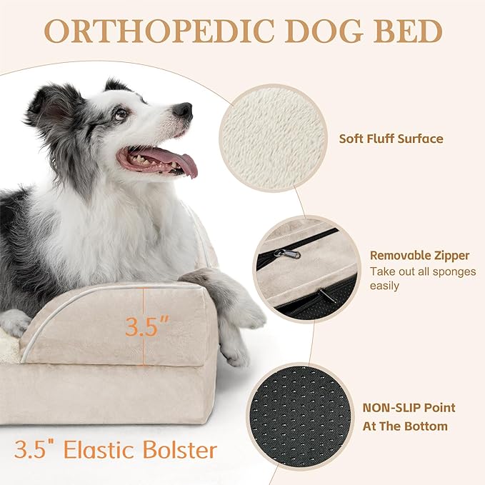 Comfort Expression Orthopedic Dog Bed for Medium Dogs 28x19 Inch, Waterproof Supportive Egg Crate Foam Medium Pet Bed with Removable Bolsters, Dog Couch with Washable Cover & Non-Slip Bottom, Beige
