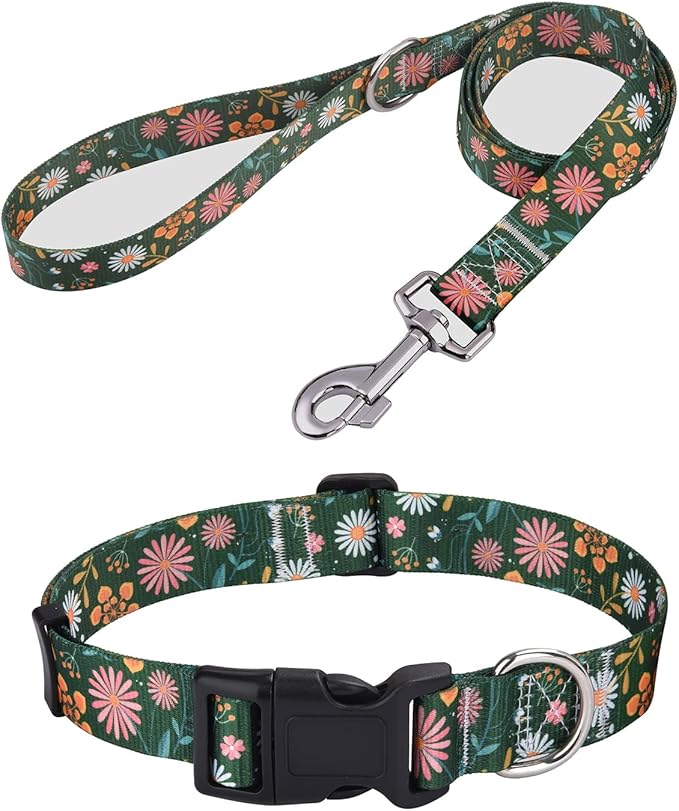 Dog Collar and Leash Set with Bohemia Floral Tribal Geometric Patterns - Soft Ethnic Style Collar Adjustable for Small Medium Large Dogs(Dark Green Flower Set,S)