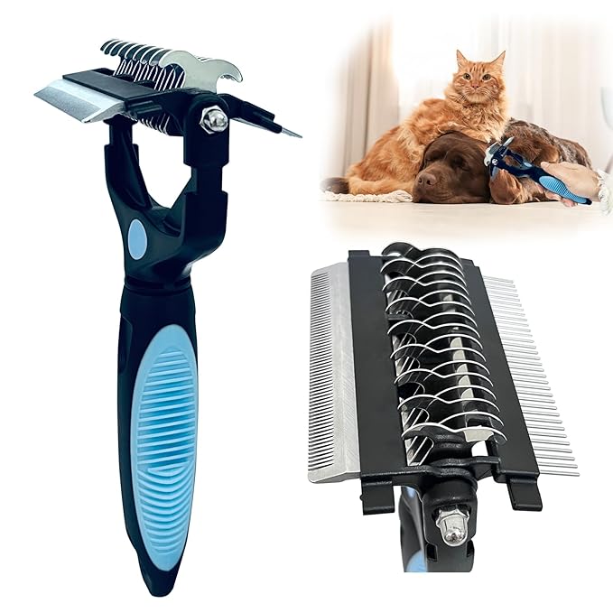3-in-1 Pet Grooming Brush for Dogs & Cats – Double Sided Deshedding Tool with Stainless Steel Teeth, Detangler Comb & Undercoat Rake | Ergonomic Handle for Matted Fur Removal, Safe for Long/Short Hair