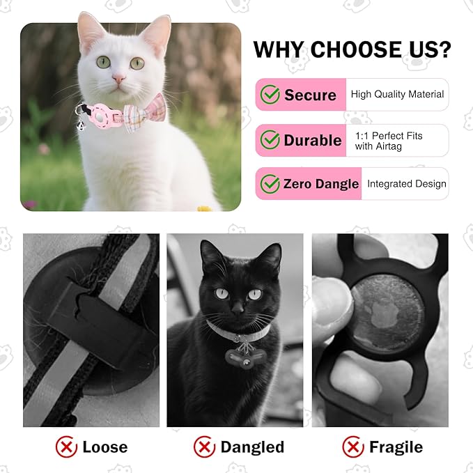 Airtag Cat Collar with Bells and Bowtie -Safety Elastic Band Kitten Collar for Apple Air Tag Holder- Cute GPS Cat Tracker Collars for Girl Boy Cats and Puppies, Adjustable 8"-12" Pink