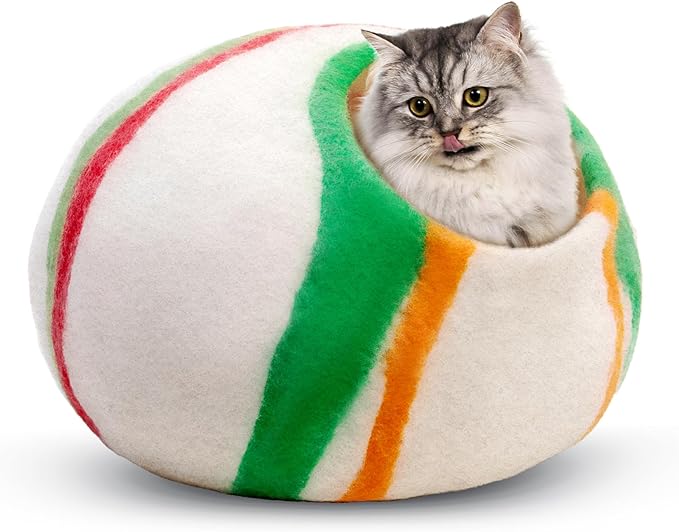 Woolygon Premium Felt Cat Cave Bed – Wool Kitty Beds Handcrafted Kitten Caves Bed for Indoor Cats - Made from 100% Eco-Friendly Merino Wool, Foldable Cat Hidewawy Covered Cat House Pod (Candy Swirl)