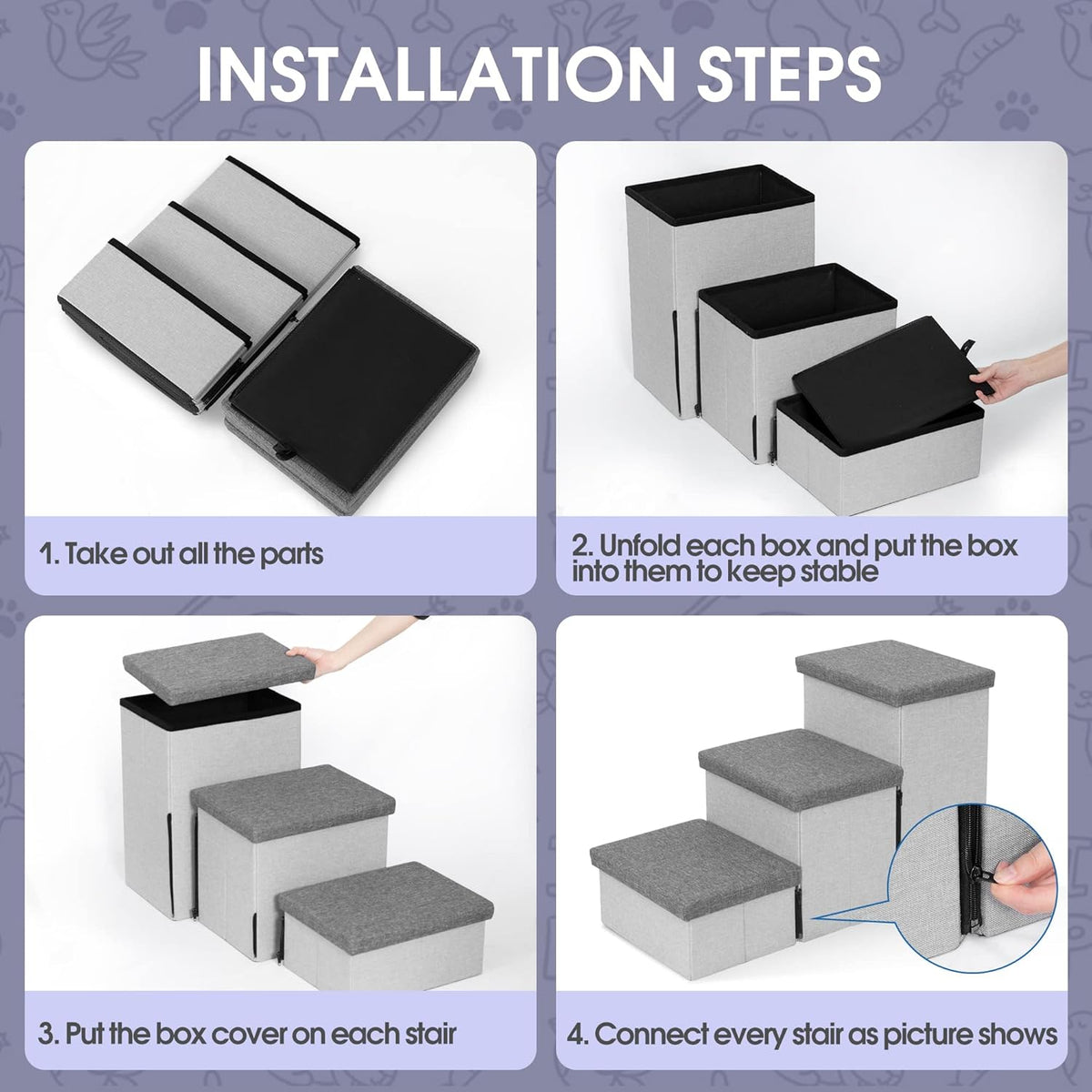 Heeyoo Dog Stairs with Storage, Foldable Dog Steps for Small Dogs, 3 Tiers Non-Slip Pet Stairs for High Beds Or Couch and Sofa, Hold up to 200 lbs Pet Cat