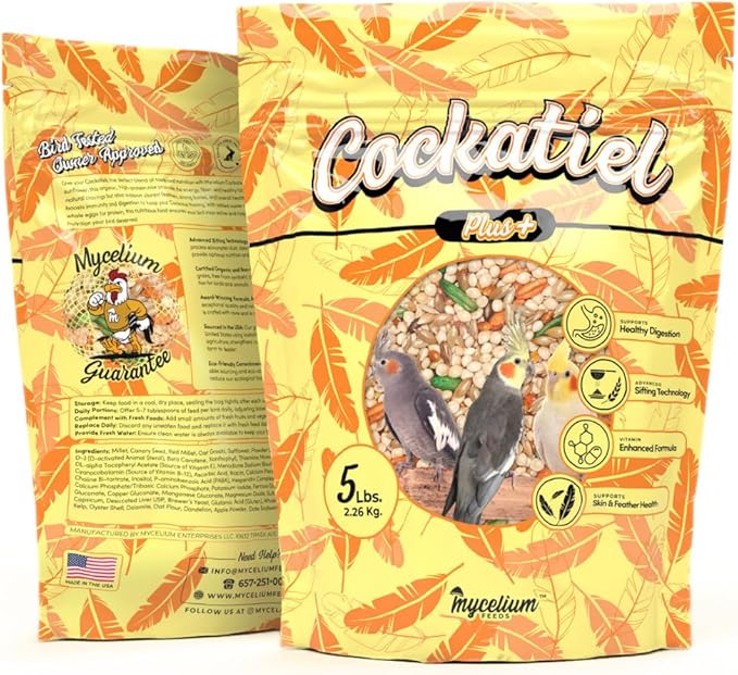 Mycelium Organic Cockatiel Plus Feed (5 LB Bag) | Complete Bird Seed Mix for Cockatiels with Vitamins & Minerals | Supports Digestion, Feather Health & Immune Function | Non-GMO, USA-Grown Ingredients
