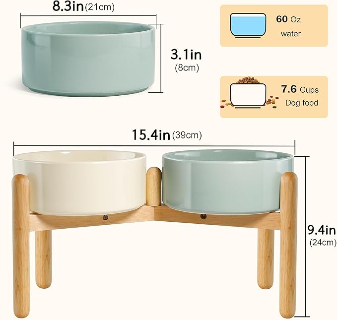 Wordcam Raised Ceramic Dog Bowls with Stand,Elevated Dog Dish, Pet Food and Water Feeder Set for Large Sized Dogs(9.4''High-60 Oz-7.6 Cups)