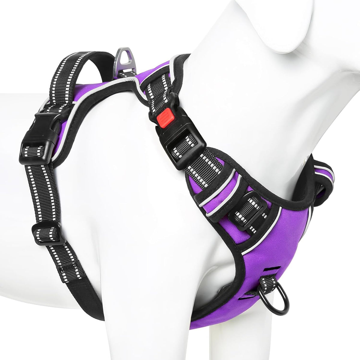 Timos Dog Harness Large Sized, No Pull with Neck Lockable Snap,No Choke Front Clip Dog Reflective Harness,Adjustable Metal Rings 3 Buckles,Easy Control Handle for Large Dogs Purple L