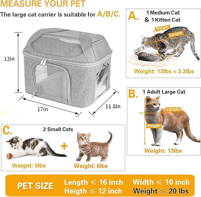 Large Cat Carrier Soft Side Pet Carrier for Kitten Puppy Collapsible Travel Small Dog Carrier, TSA Airline Approved Pet Carriers for Under 20 lbs, Gray