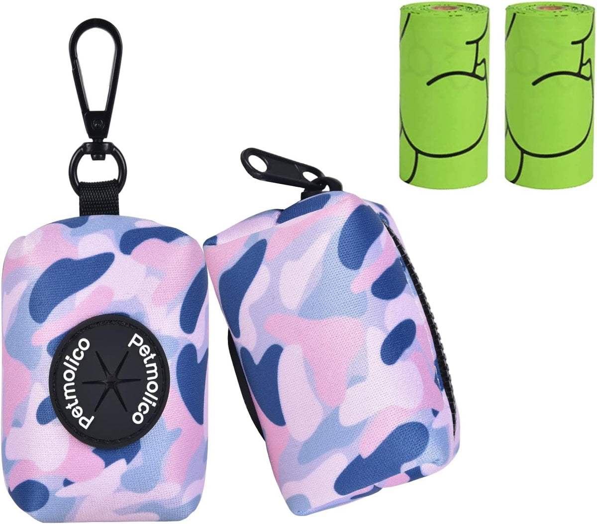Petmolico Dog Poop Bag Holder Leash Attachment, Waste Bag Dispenser Zippered Pouch, Fits Any Leash, Includes Free Roll of Bags, 2 Pack - Blue Pink Camouflage