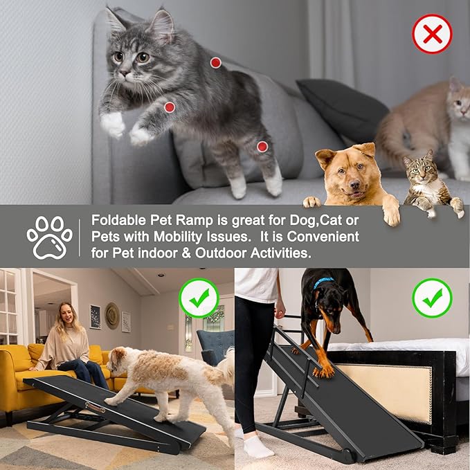 Aboron Antislip Folding Dog Ramp, Adjustable Pet Ramp for Bed/Couch/Car, Rubber Mat with High Traction, Great for Small & Large Old Dogs & Cats, Supports up to 200 lbs,63" Long