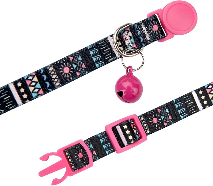Cat Collar Breakaway with Bells, 3 Pack Girl Boy Pet Cat Collar with Bohemia Floral Tribal Geometric Patterns, Adjustable 7.5-12 Inch, with Safety Buckle for Kitten Cat(Set B)