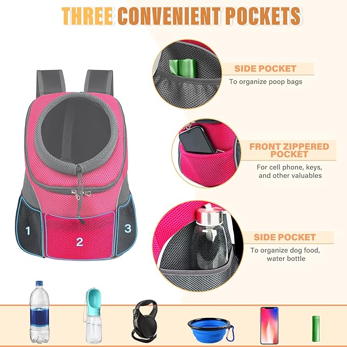 YUDODO Dog Front Carrier Backpack, Adjustable Breathable Pet Carrier for Small Dogs, Ventilated Puppy Back Pack with Safety Belt, Lightweight Doggy Backpack for Hiking Outdoor (Rose, L: 9-13.5 lbs)