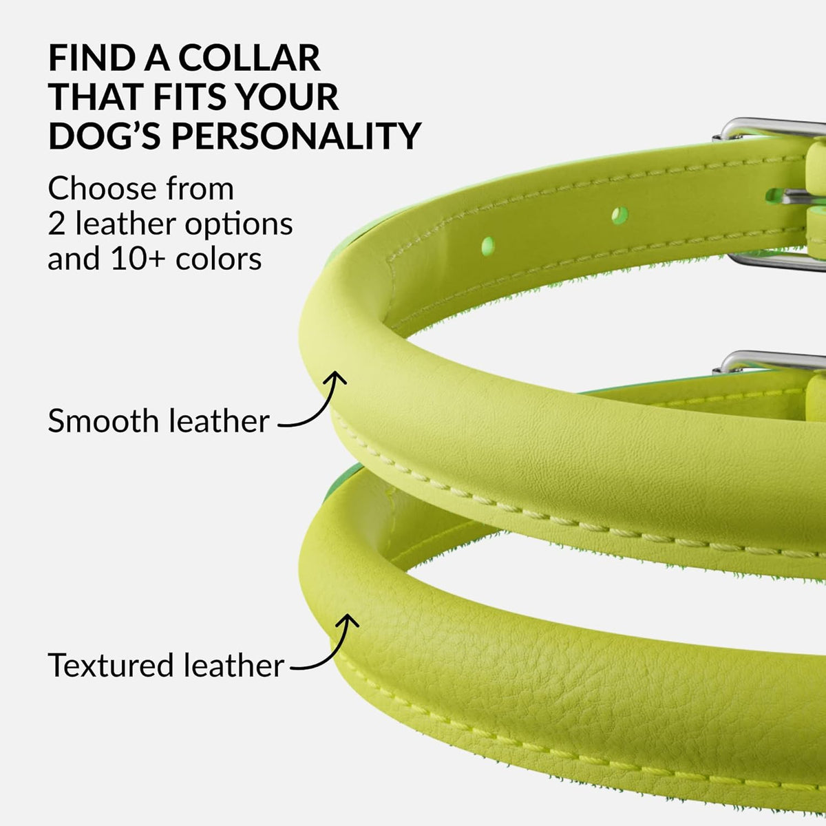 CollarDirect Rolled Leather Dog Collar, Soft Padded Round Puppy Collar, Handmade Genuine Leather Collar Dog Small Large Cat Collars 13 Colors (11-14 Inch, Lime Green Smooth)
