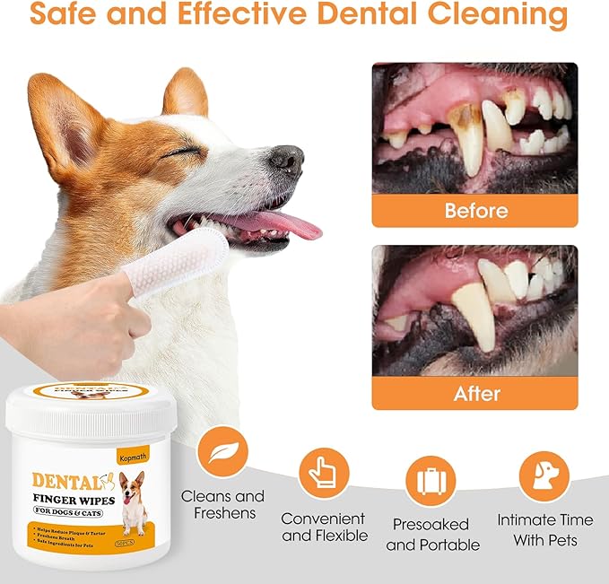Finger Brushes for Dental Care of Pets, Teeth Cleaning Finger Wipes, Dog Dental Wipes, Reduce Plaque & Tartar, Freshen Breath, Safe & Natural Pet Dental Wipes for Dogs Teeth