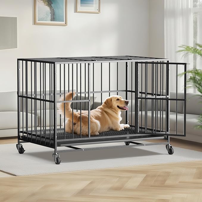 48 Inch Heavy Duty Dog Crate Steel Escape Proof, Indoor Double Door High Anxiety Cage, Removable Tray, Large Dog Kennel with Wheels,XL XXL