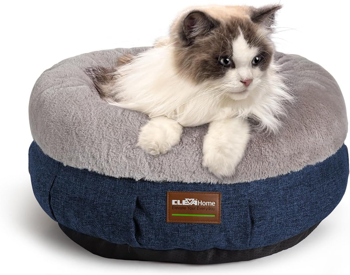 ClevaHome Cozy Cat Bed - Ultra-Soft Plush Pet Bed with Raised Sides and Anti-Slip Base, Comfortable Round Bed for Small Pets up to 11 lbs