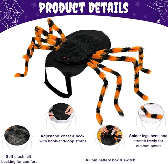 Dog Halloween Costume Large Breed, Furry Dog Spider Costume with 64 LED, Funny Halloween Dogs Costumes for Large Dogs Medium Pet Halloween Party Cosplay (Orange)