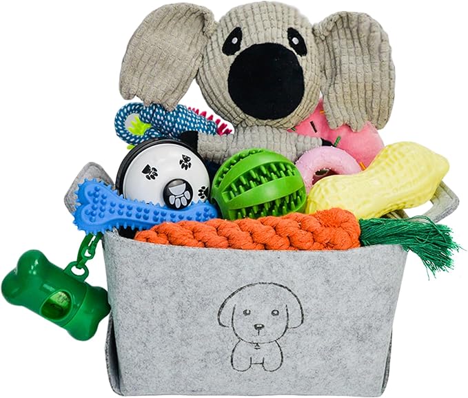20Pcs Puppy Chew Toys for Teething, Dog Chew Toys with Rope Toys, Pet Dog Toothbrush, Treat Balls, Plush Toys and Squeaky Toy for Small Medium Dogs with Basket