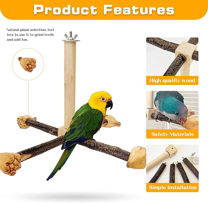 Rotating Parrot Perch Toy with Chew Toy,Interactive Spinning Toys，Wooden Exercise Wheel Parrot Toys, Bird Perch Bird Toys Parakeet Toys，Bird Cage Accessories Wooden Chew Toys Perch Stand