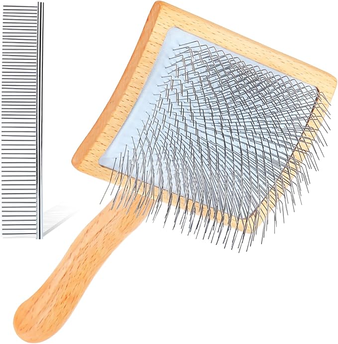 Dog Slicker Brush for Shedding and Grooming Medium or Long Haired Cats, Extra Long & Soft Pin Slicker Brush for Removes Loose Hair, Tangles, Knots, Undercoat, Free Pet Comb, Large, Oak
