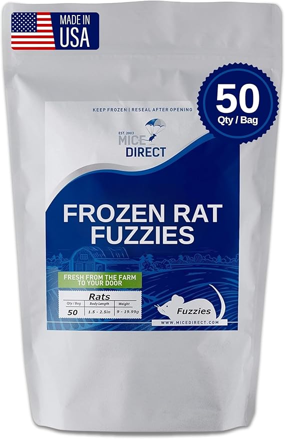 MiceDirect 50 Frozen Rat Fuzzies Feeders Snake Food for Adult Corn Snakes Ball Pythons (2-2.5 in)(Pack of 50)(450 Grams Min)