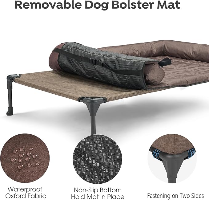 Veehoo Cooling Elevated Dog Bed Add Removable Waterproof Bolster Cushion Mat, Raised Pet Cot with Breathable Teslin Mesh, No-Slip Feet, Dog Couch Bed for Indoor Outdoor, Large, Brown CWC2331B