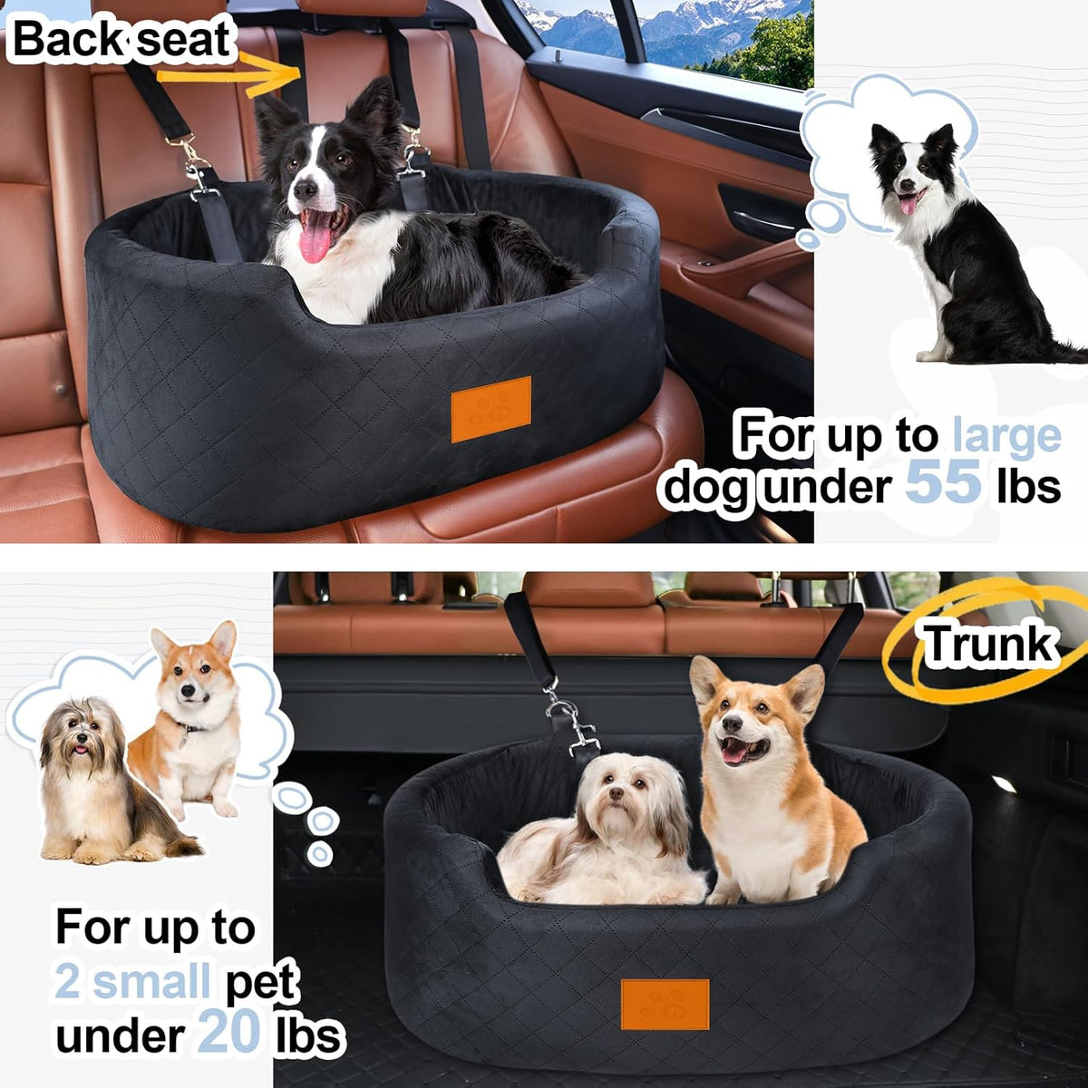 Dog Car Seat for Medium Dogs Up to 50 lbs, Pet Booster Seat for Cars SUVs and Trucks, Travel Dog Bed with Safety Strap, Thick Cushion, Non-Slip Base, Washable and Portable (Black)