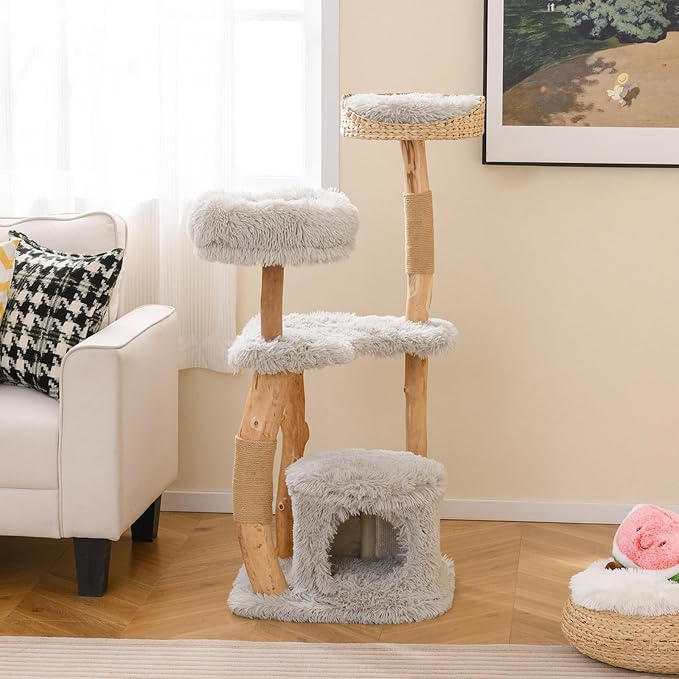 Tangkula Cat Tree Tower, Solid Wood Modern Cat Tower with Top Cattail Basket Bed, Side Perch, Large Platform & Cat Condo, Cute Cat Tree with Scratching Posts for Indoor Cats Large Adult