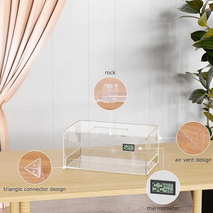 Acrylic Tarantula Enclosure, Reptile Terrarium Breeding Tank w/Temperature Hygrometer,Habitat Reptiles Feeding Box Isopod Terrarium Cage for Insect Lizard Home Office (Reptile-Tank-L(Tray))