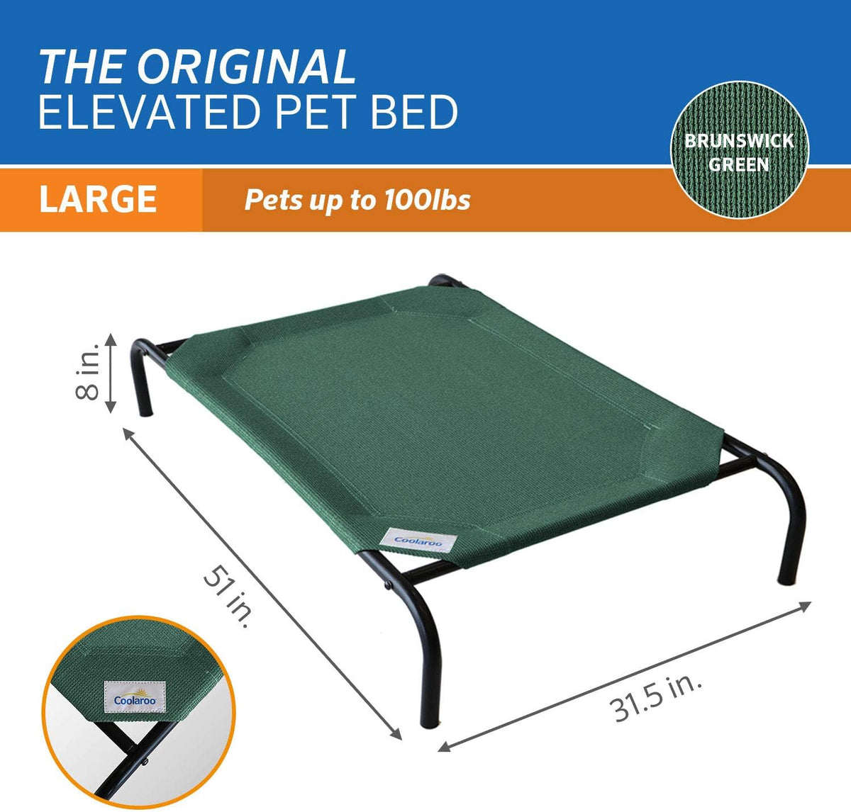 Gale Pacific Coolaroo The Original Cooling Elevated Dog Bed, Indoor and Outdoor, Large, Brunswick Green, 51.00" x 31.50" x 8.00"