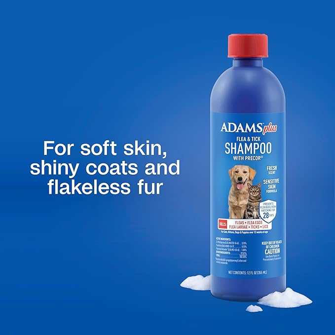 Adams Plus Flea & Tick Shampoo with Precor for Cats, Kittens, Dogs & Puppies Over 12 Weeks Of Age Sensitive Skin Flea Treatment | Kills Adult Fleas, Flea Eggs, Ticks, and Lice| 12 Ounces