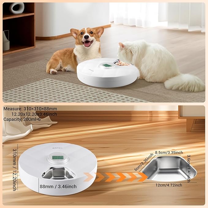 Automatic Cat Feeder Wet Food, Battery Operated Auto Feeder with 2 Ice Packs, Digital Cordless Pet Fresh Food Bowl with Timer and Memory Function for Cats Small Dogs (6-Meal Stainless Steel)
