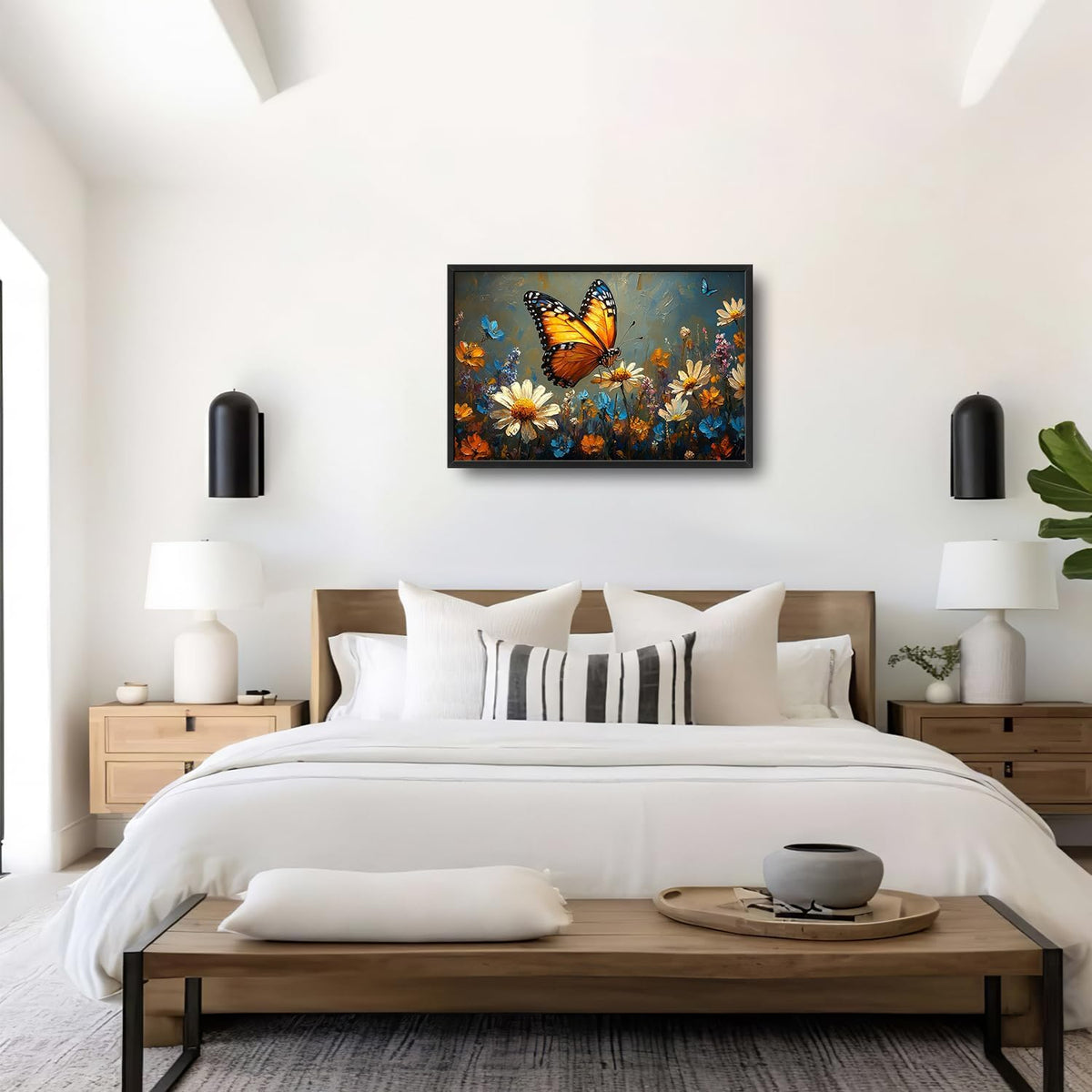 Large Butterfly Daisy Wall Art for Living Room, Floral Landscape Canvas Oversized Wall Decor, Flower Scenery Aesthetics Framed Pictures Painting Print Artwork for Bedroom Office 36"L x 24"W