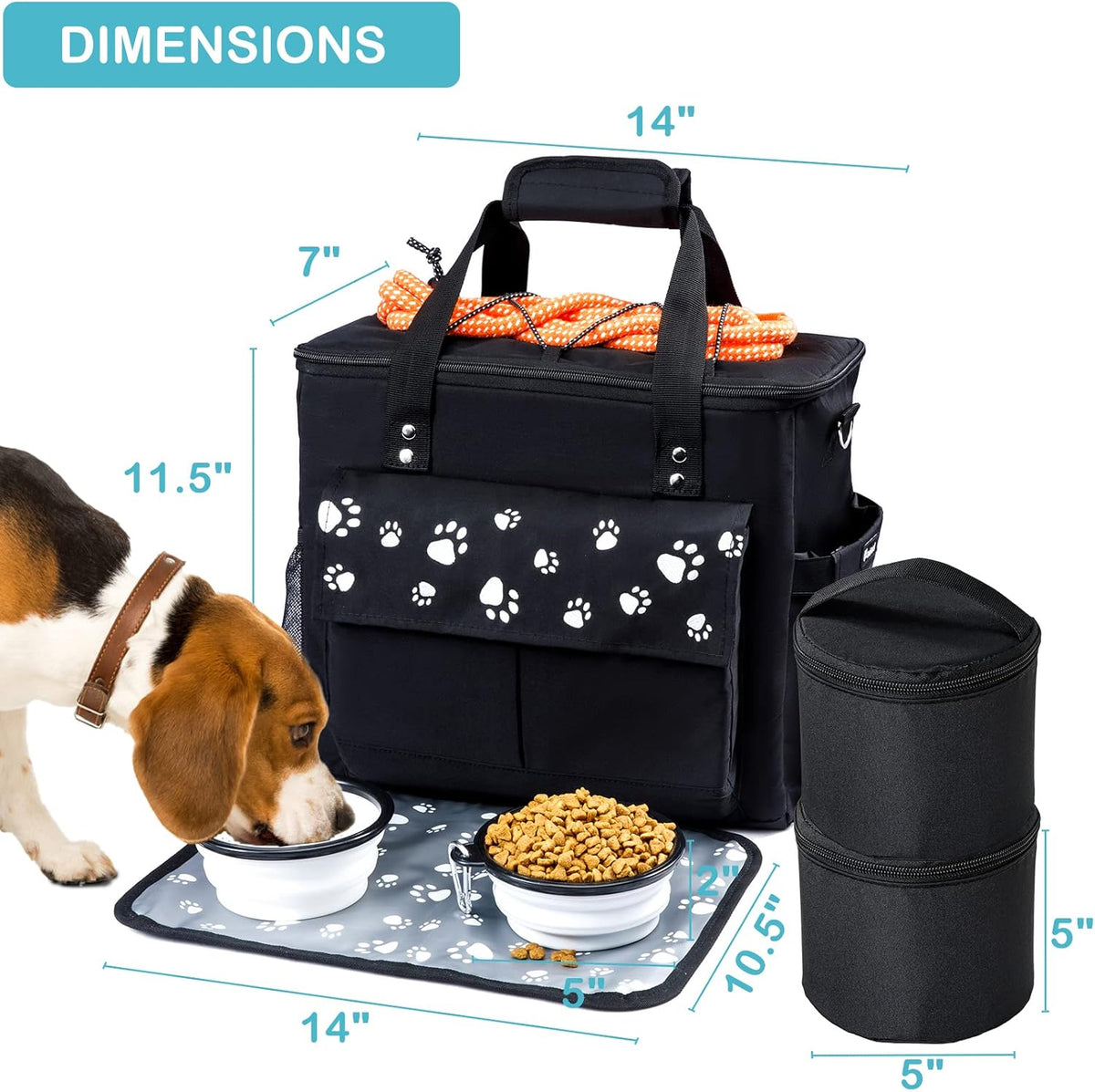 Dog Travel Bag, Airline Approved Dogs Bags for Traveling, 2 Dog 's Food Travel Container and Collapsible Bowls, Weekend Pet Travel Bags