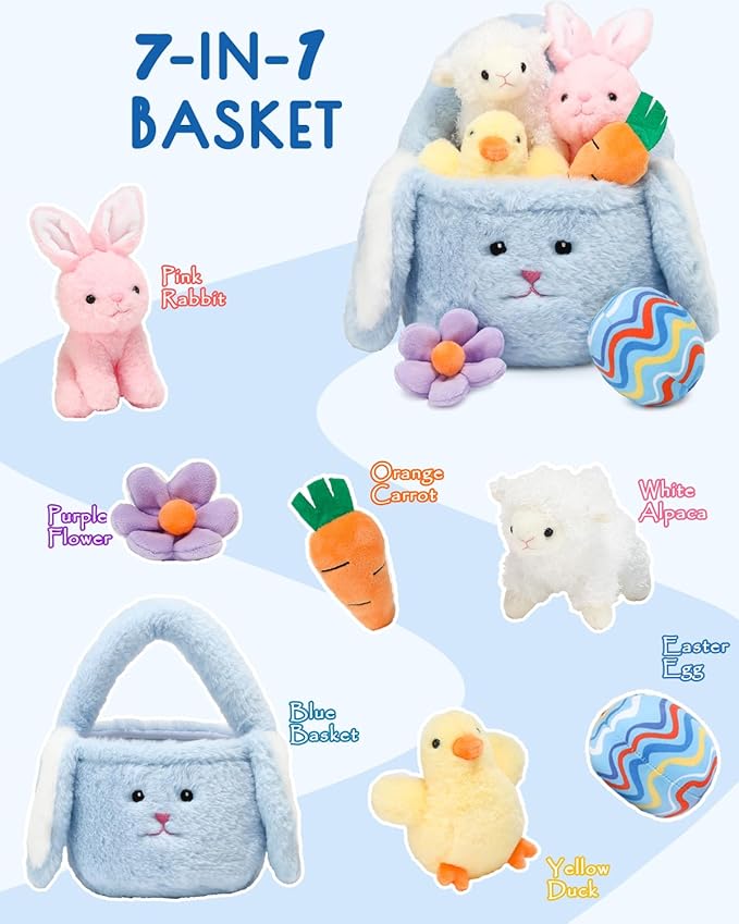 7 Piece Plush Stuffed Animals Playset Toys with Rabbit, Chick, Lamb, Carrot, Egg, Flower, Furry Bag, Soft Basket Set Toys for Girls Kids Ages 3+, Birthday Christmas Valentines Easter Party Favors
