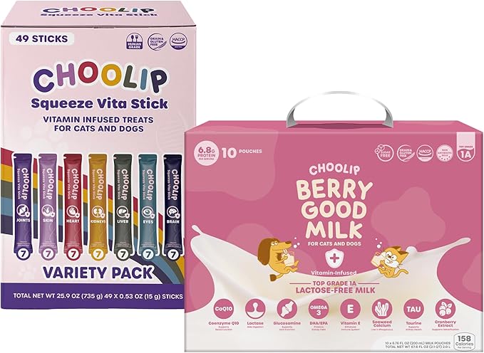 Bundle | Berry Good Milk 10pk Vitamin-Infused + 49 Variety Squeeze Vita Sticks with Essential multivitamins [Both Products are for Cats & Dogs of All Life Stages]