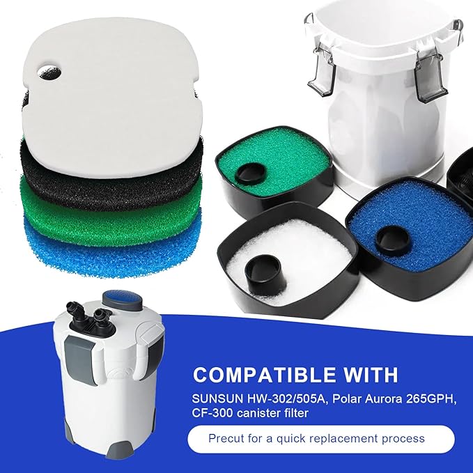 16 PCS Replacement Canister Filter Pads Compatible with SUNSUN HW-302/505A Polar Aurora 265 GPH CF-300, Aquarium Filter Sponge Pad Fish Tank Bio Floss Media