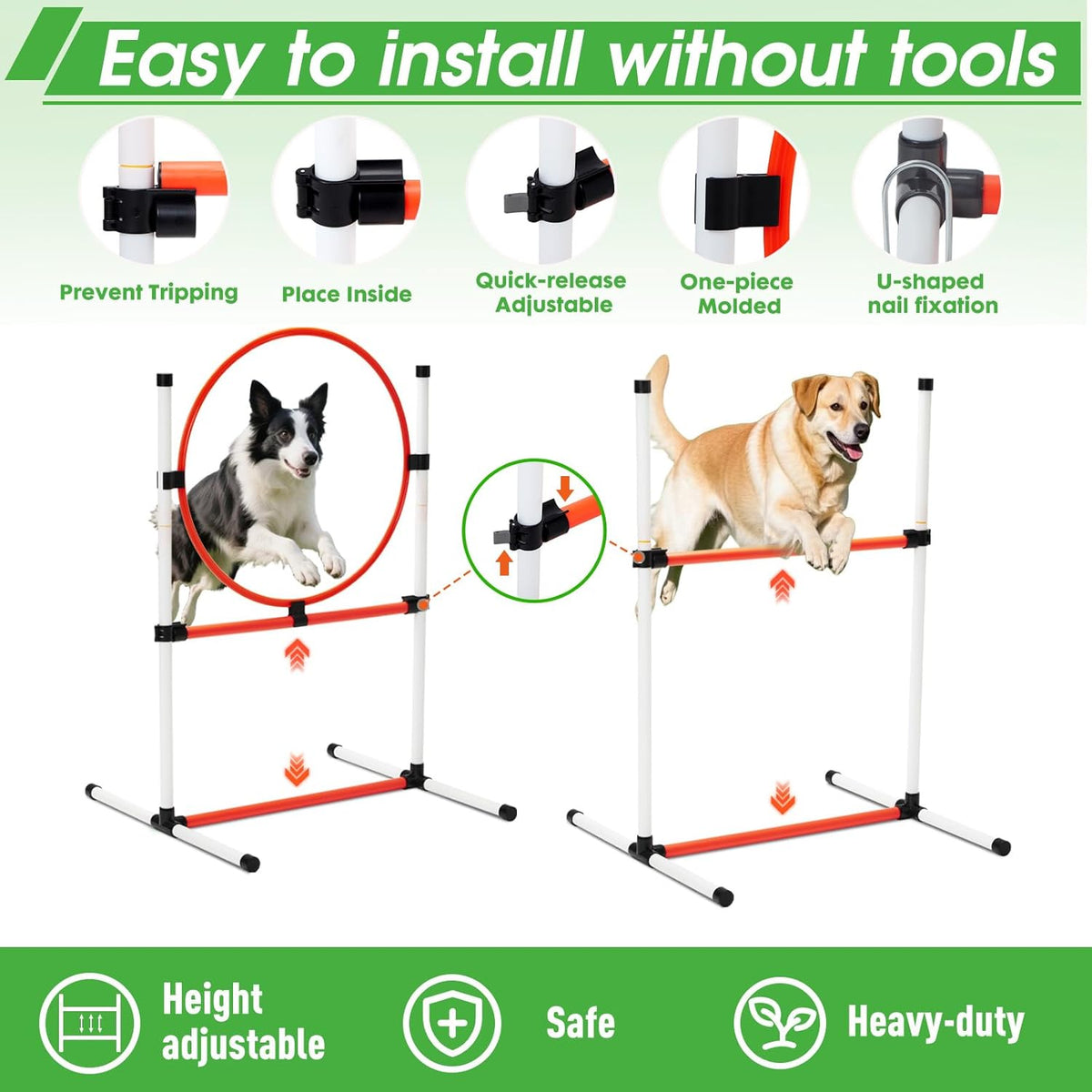 Dog Agility Course Backyard Set, Dog Agility Equipment, Pet obstacle Course Backyard with 6 Dual Mode Weave Poles, 2 Adjustable Hurdle, Jump Ring, Tunnel, Pause Box, Toy Balls and 2 Carrying Bags