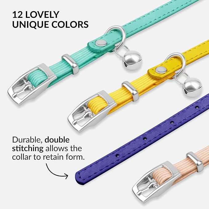 CollarDirect Leather Cat Collar with Bell - Kitten Collar, Small and Big Cat for Boy Cats, Girl Cats with Safety Elastic Strap (Neck Fit 8"-11", Purple)