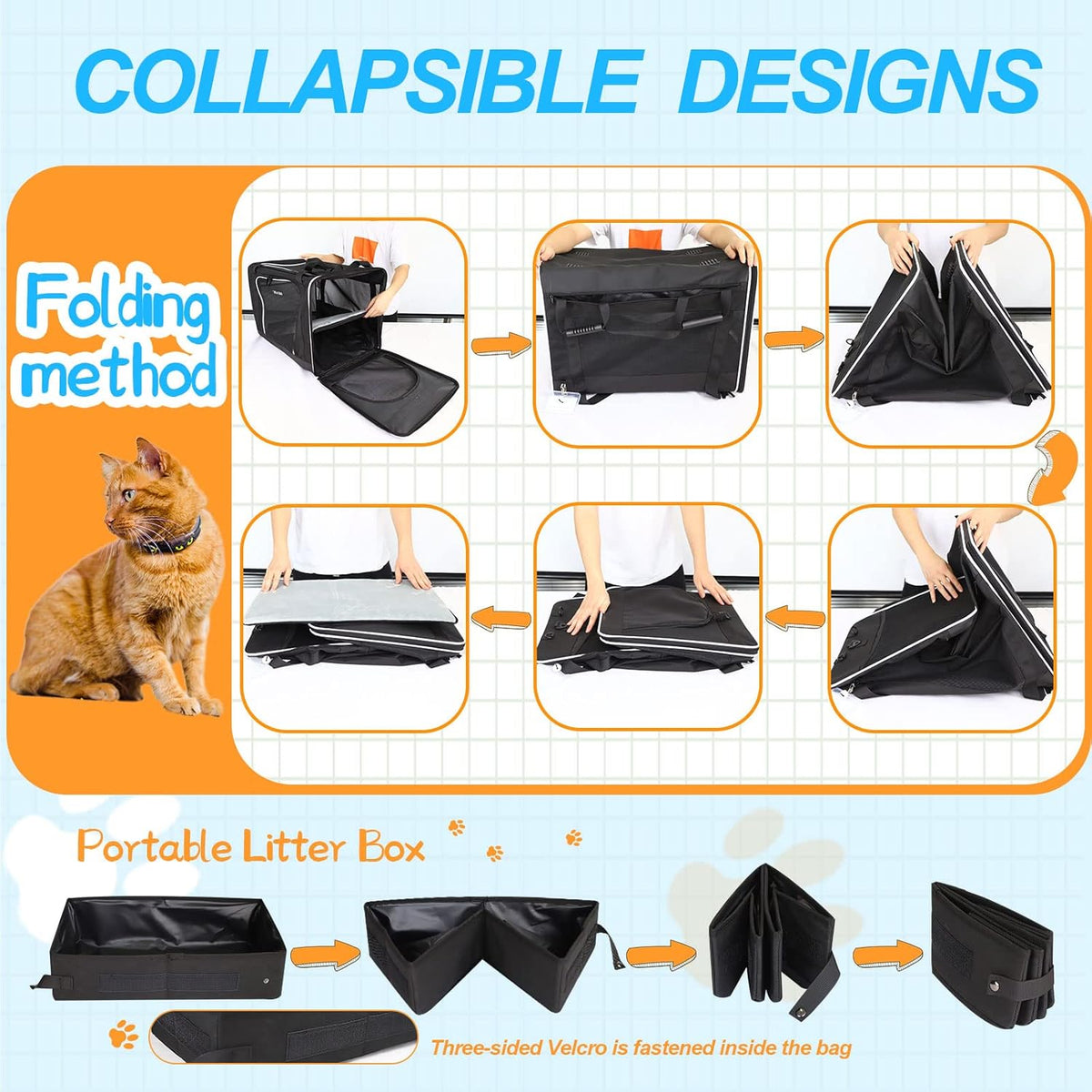 Petskd Extra Large Cat Carrier with Litter Box 24"x17"x17" for Medium Large Cat or 2 Small Cats, Collapsible Soft Sided Pet Carrier for Car Travel with Lockable Safety Zippers(Black)