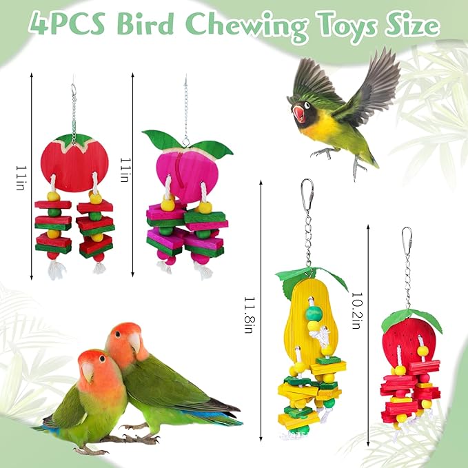 Hamiledyi Natural Wood Block Bird Cage Toys Parrot Chewing Toy Tomato&Peach&Pear&Strawberry Shaped Hanging Foraging Toy for Small&Medium Birds Parakeets Cockatiels,4pcs