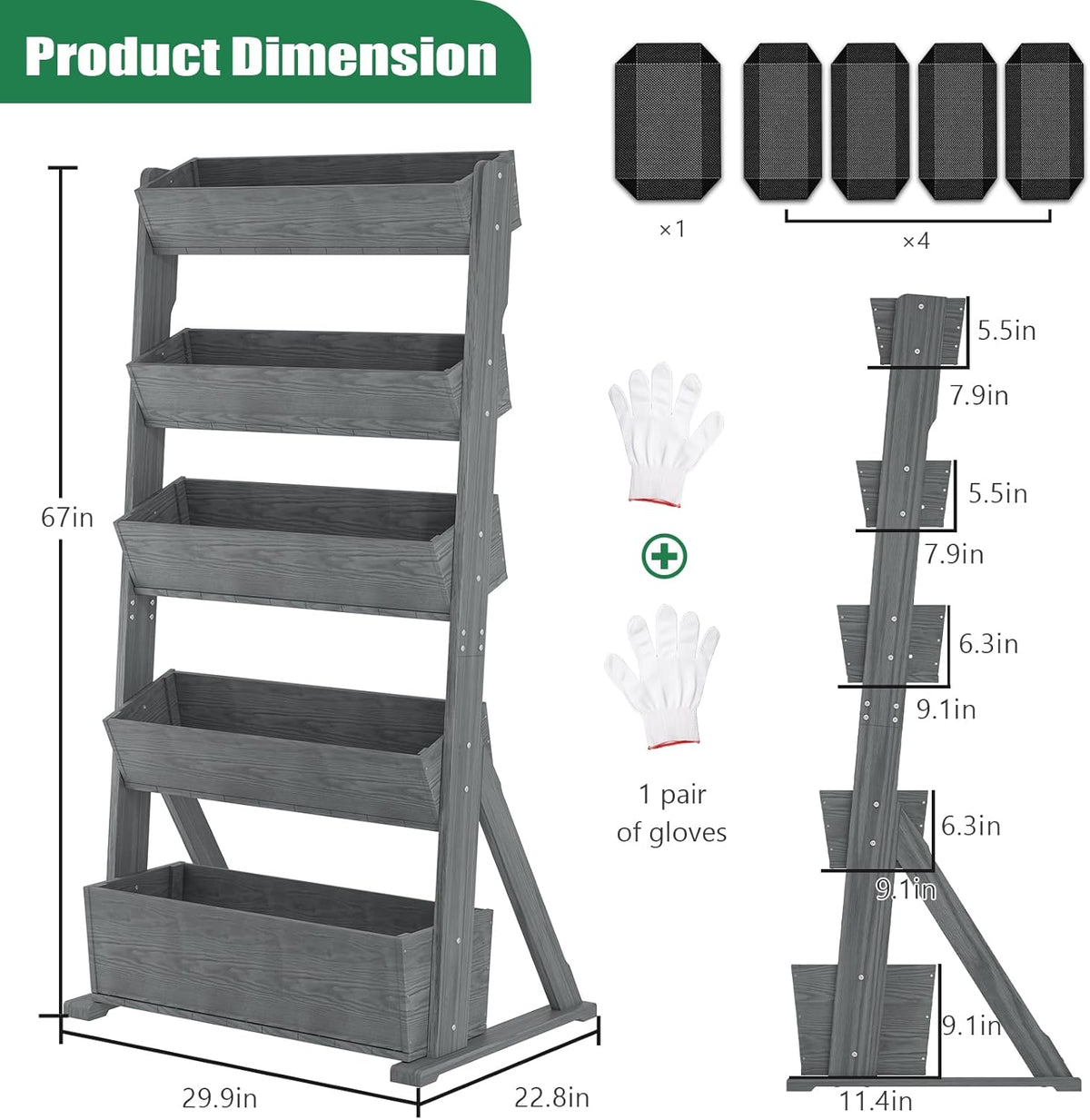 SUNYRISY 5 Tiers Vertical Raised Garden Bed Outdoor Planter Tower, Wooden Freestanding Planter Box for Planting Herbs Flowers Vegetables Backyard Patio Balcony Indoor Outdoor Gardening, Grey