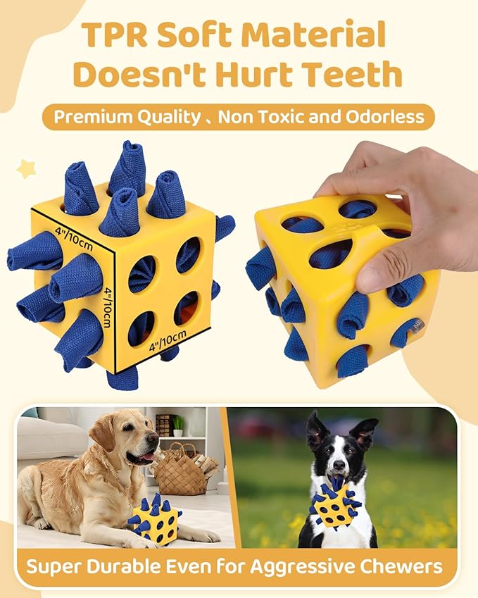 Interactive Puzzle Dog Toy Encourage Natural Foraging Skill, Durable Dog Enrichment Toy Snuffle Cube Cloth Strip with Hide & Seek Food, Slow Feeder for Mind Stimulate & Stress Relief (Yellow)