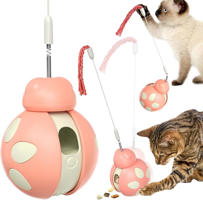 Cat Treat Interactive Toy, Indoor Puzzle Slow Feeding Mental Stimulation Sliding Rolling Cat Toy Ball with Ca-t Teaser, Cats Treat Dispenser Toy for Large, Medium and Small Cats (Pink, ladybug)