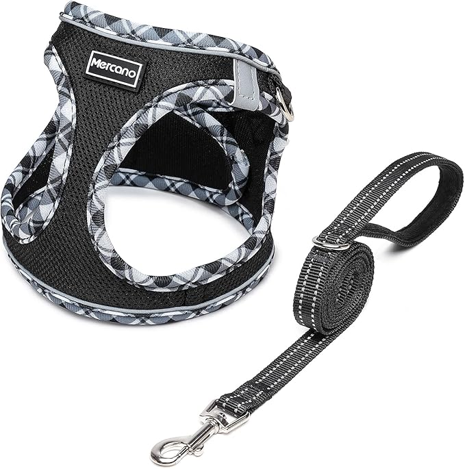 Mercano Soft Mesh Dog Harness and Leash Set, No-Chock Step-in Reflective Breathable Lightweight Easy Walk Vest Harnesses with Safety Buckle for Small Dogs, Cats (Black White, XS)