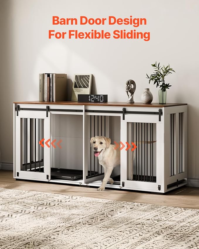 VEVOR 72"Dog Crate Furniture for 2 Dogs,Double Dog Crate Furniture with Double Sliding Doors,Large Dog Crate TV Stand with Removable Tray,Steel Frame Double Dog Crate for Small,Medium,Large Dogs White